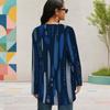 Women Plus Size Round Neck Long Sleeve Dark Blue Printed Loose High Low Hem Shirt