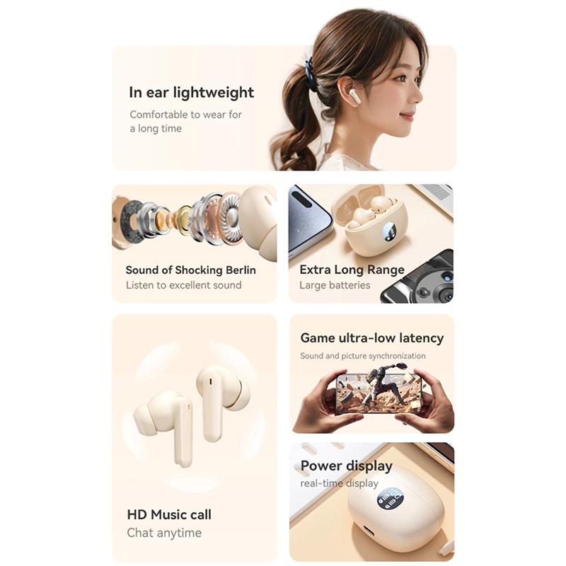 Sports Earphones High-End Noise-Cancelling Headset Wireless Bluetooth 5.3 Earbuds With Digital Display In-Ear Touch Headphones