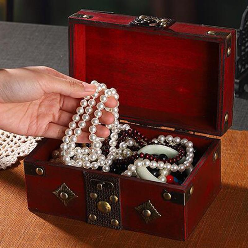 Treasure Chest Jewelry Box Solid Wood Vintage Design Handmade for Women Trinket Box Photo Props Storage Box Decorative Trunk