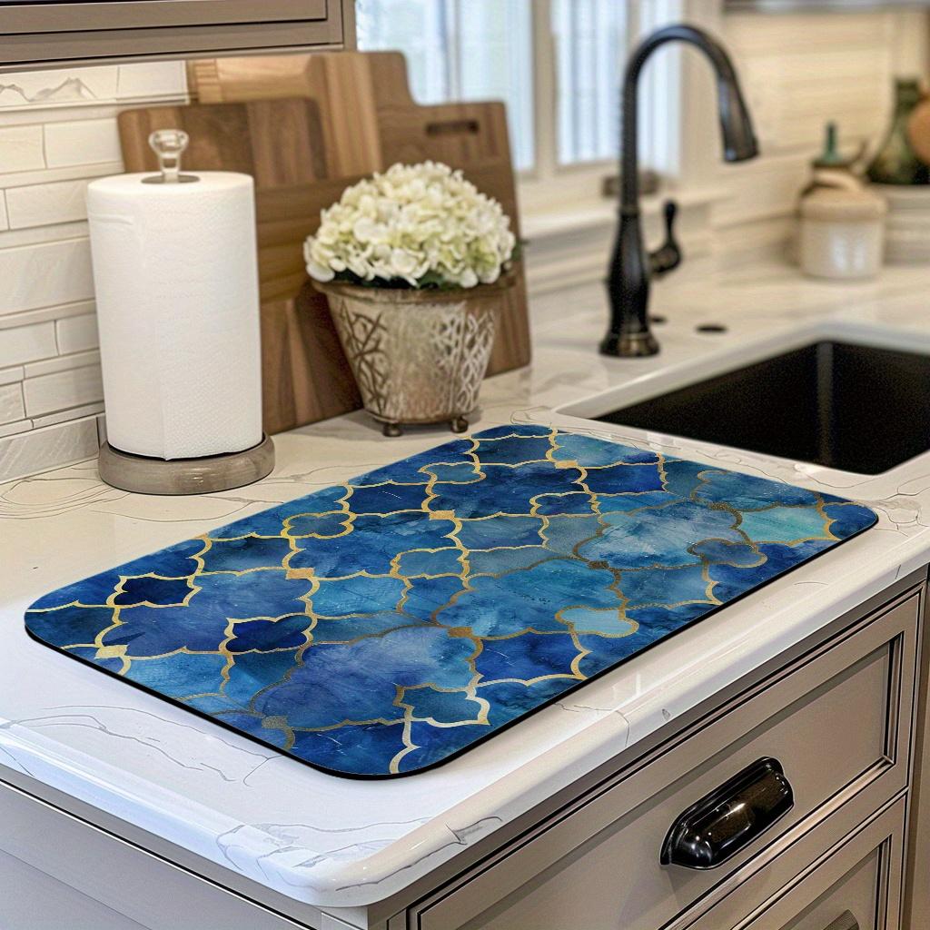 1 ks Gumová sušicí podložka s retro marockým modrým zlatým potiskem pro kavárnu, kuchyňský koberec, prostírání na stůl, odolná diatomová hlinka, podložka na stůl, podložka pro domácí mazlíčky, kávové nádobí