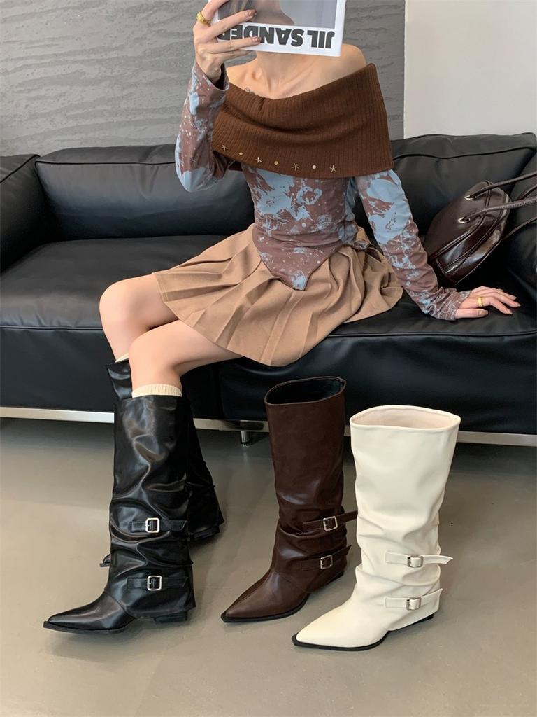 Pointed pleated thick heel trouser boots women's niche design feeling belt buckle high knight boots but knee spice girl boots