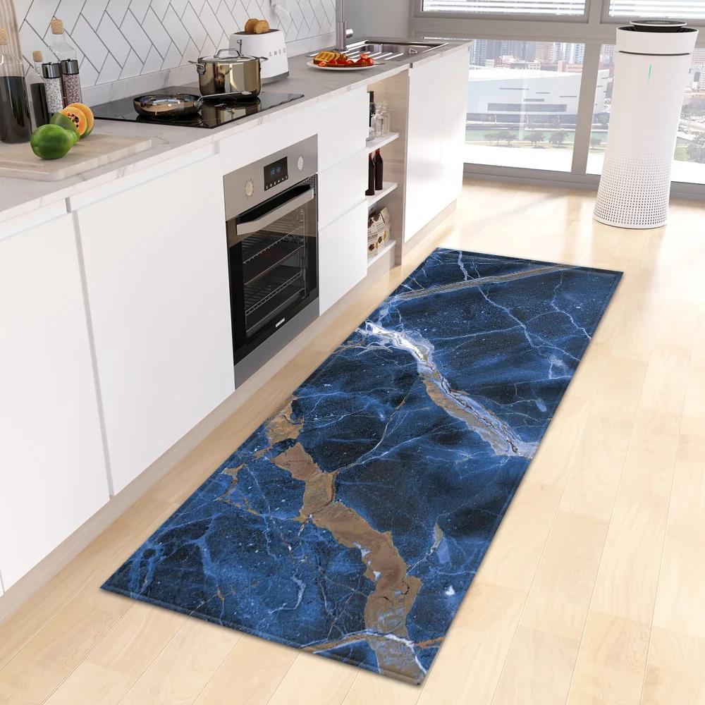Marble Print Kitchen Runner Rug, Modern Gold  Black Vein Non-Slip Water  Oil Resistant Floor Mat