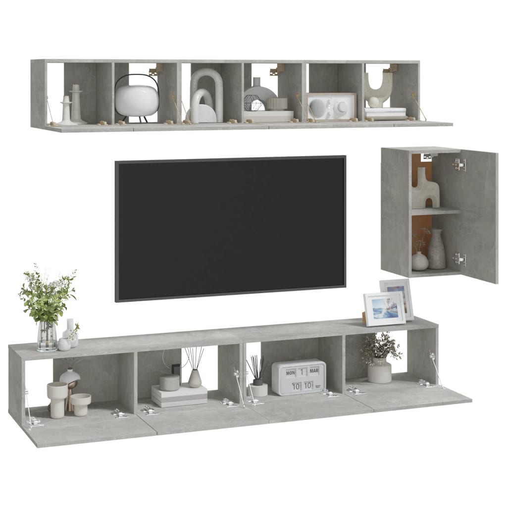 6 piece TV cabinet set concrete grey particleboard