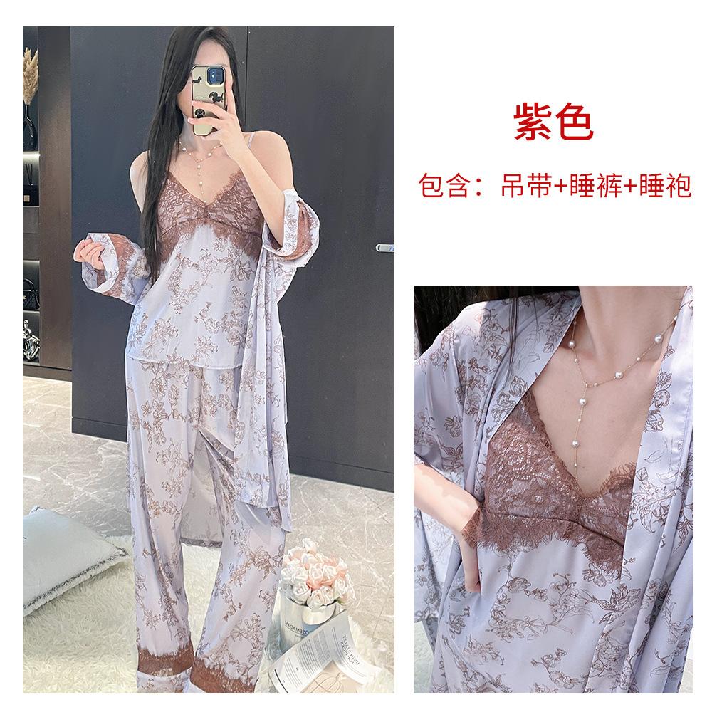 New Chinese retro dark flower ice silk suspender trousers nightgown three-piece set lace with chest pad ice breathable loungewear
