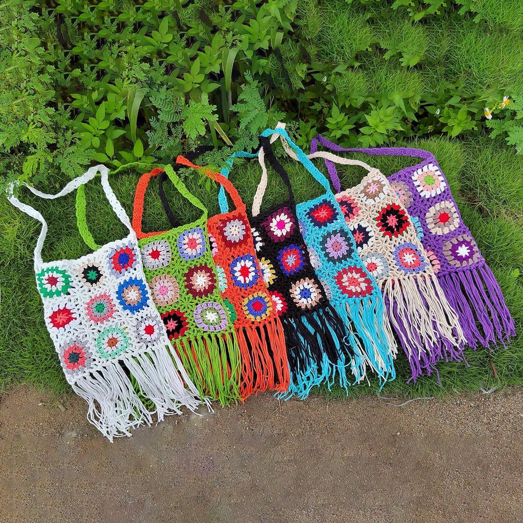 Crocheted Shoulder Tassel Bohemian Ethnic Style Tote for Beach Travel