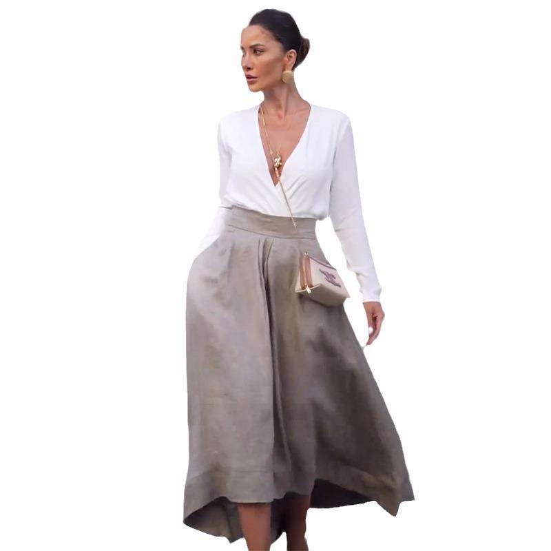 2024 Autumn European & American Solid Color Slimming Low-Cut Top & High-Waisted Skirt Set