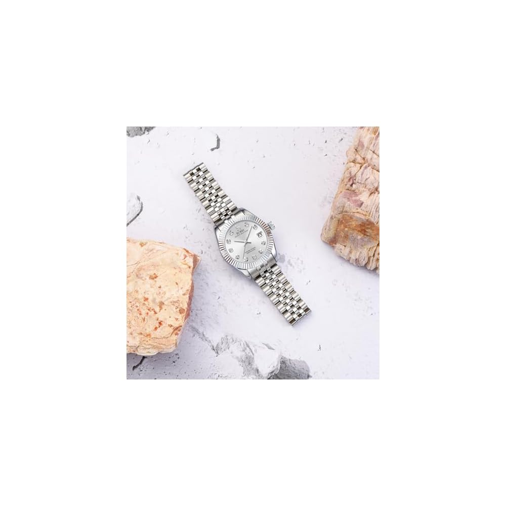 BUREI Women's Analog Quartz Watch Silver Stainless Steel Waterproof Diamond Dial Business Style