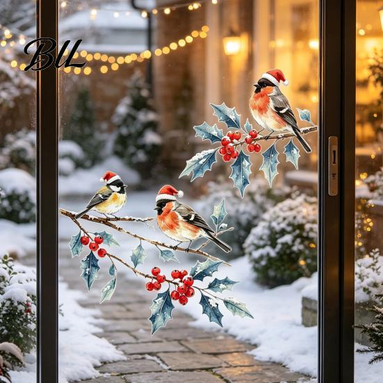 Indoor Outdoor Glass Stickers Christmas Watercolor Bird Window Sticker, Santa Hat On Beey Waterproof PVC Film Branch Static Decal, Cling for