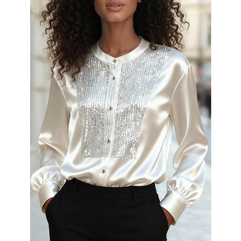 Women s Stand Collar Silver Sequin Patchwork Satin Long Sleeve Button Down Blouse S белый