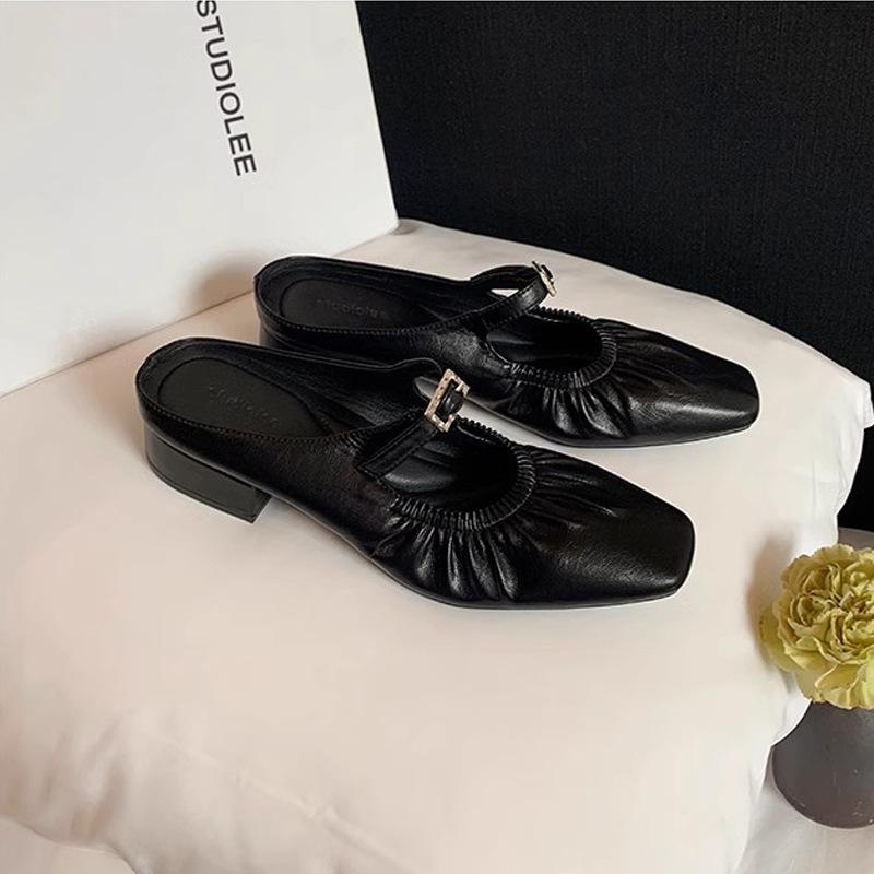 

Версия из высококачественной овчины~ Туфли-мюли с квадратным носком и складками, с одной педалью и пряжкой со стразами, для ношения на улице, тренд 40