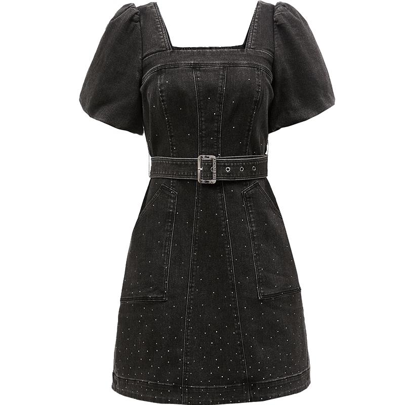 

ONLY 2025 Summer Retro Lycra Puff Sleeve Square Neck Short Denim Dress for Women S