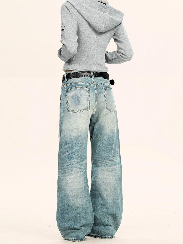 Yongfang Unisex Retro Washed Blue Distressed Wide-Leg Jeans