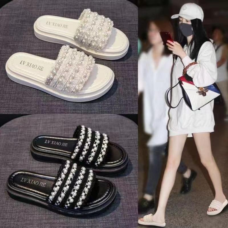 Fashion Womens Slippers 2025 Summer New ins Xiaoxiangfeng Thick Bottom One-Word Drag Temperament Fashion Sandals Zapatillas de mujer