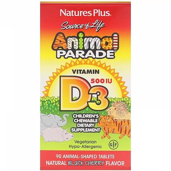 Nature's Plus Source of Life, Animal Parade, Vitamin D3, Natural Black Cherry Flavor, 500 IU, 90 Animal-Shaped Tablets
