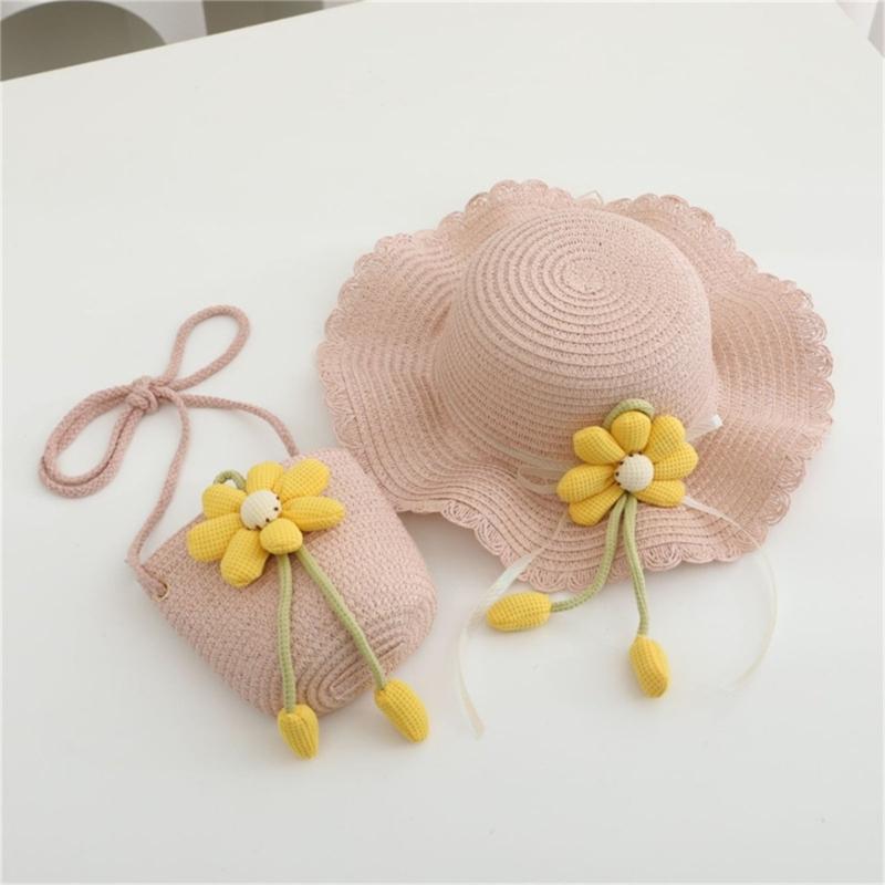 2Pieces Kids Summer Sun Hat And Bag Set Breathable Straw Braided Design For Beach Outdoor Activities