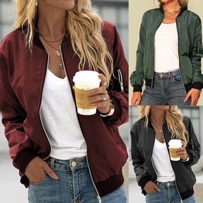 Women's Spring Solid Color Long-sleeved Stand-up Collar Jacket Fall Personality Casual Zipper Biker Jacket