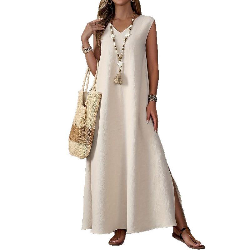 Sleeveless V-neck Side Split Summer Long Dress Elegant Fashion Loose Casual Simple A-line Party Maxi Long Dress Solid Color Woman Clothing