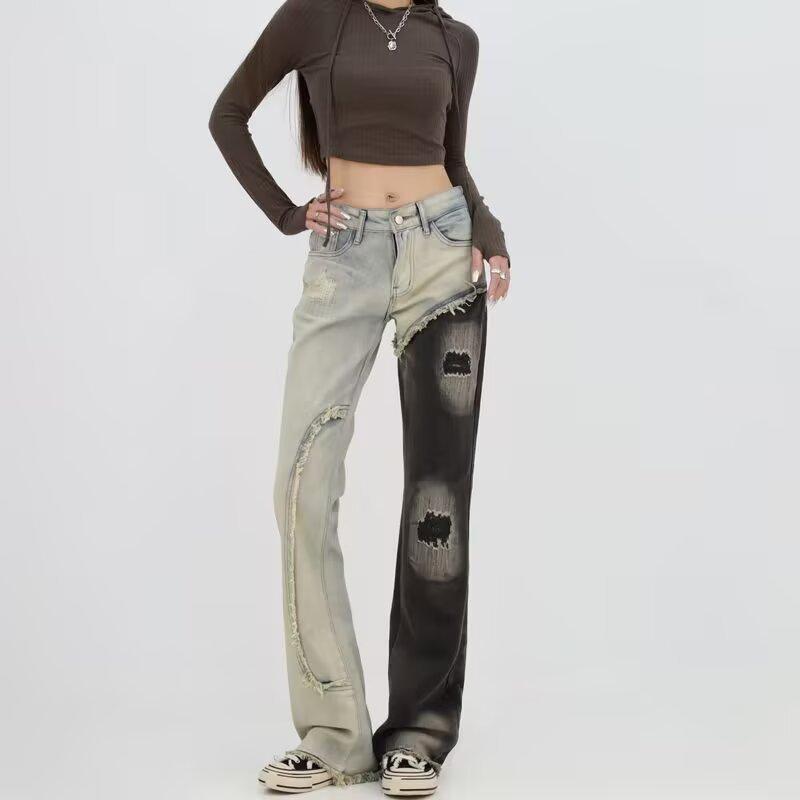 JYL Men s Flare Jeans Foreign Trade HipHop Ripped Color Block Ins Denim S античный пурпурный