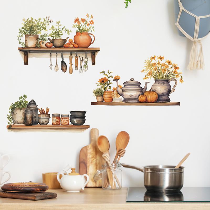 Painted Green Plants Flowers Potted Kitchen Utensils Kitchen Home Beautification Wall Stickers