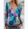 Womens V Neck Zipper Blouse Shirt Ladies Print Pullover Casual Jumper Tops Boho