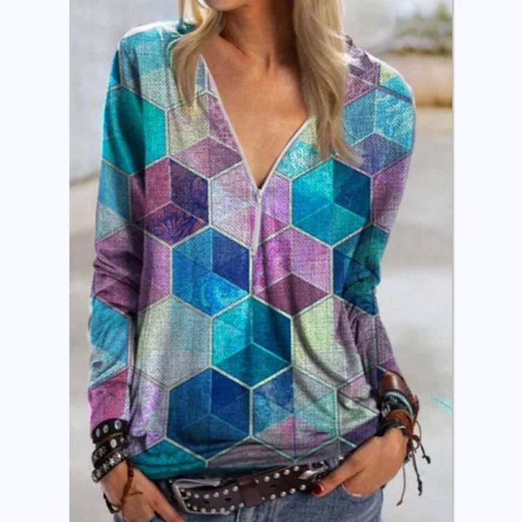 Womens V Neck Zipper Blouse Shirt Ladies Print Pullover Casual Jumper Tops Boho