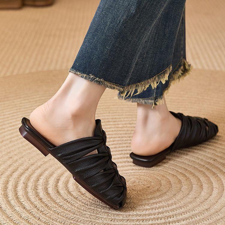 Brown Woven Bag Head Slippers Women's Summer 2025 New Soft Bottom Not Tired Feet Retro Square Head Casual Half Slippers