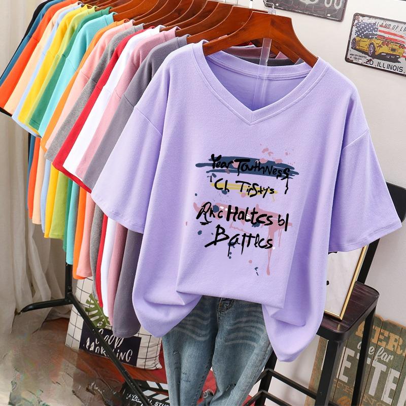 Camiseta de manga curta, Solta, Top V-neck Estampado Emagrecedor para Mulheres