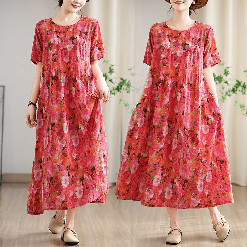 Summer Retro Printed Round Neck Short Sleeved Dress for Women