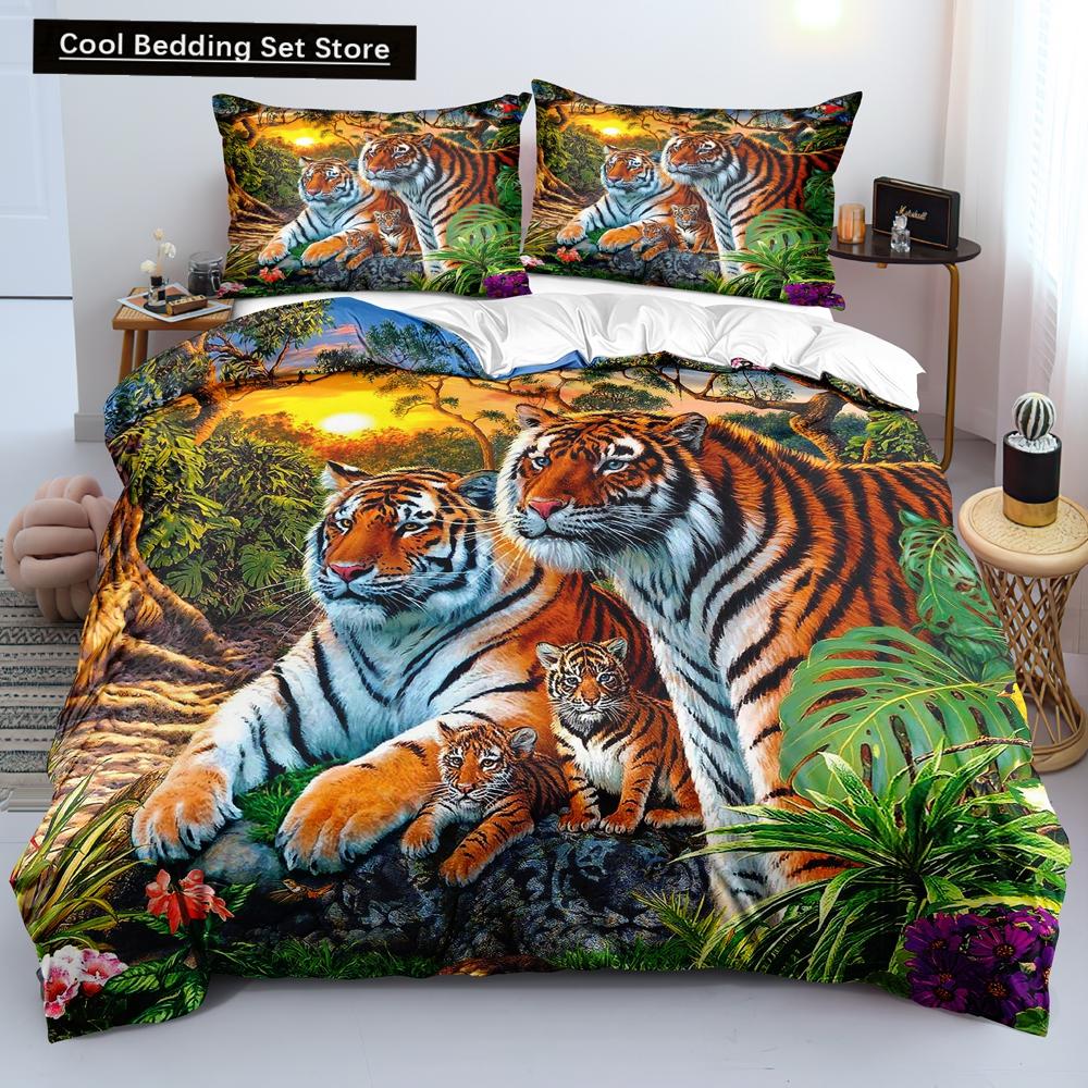 3D Tiger Duvet Cover Soft Comforter Cover Animal Bedding Set Tiger Pattern Quilt Cover for Bedroom Decor 2/3Pcs King Queen Size