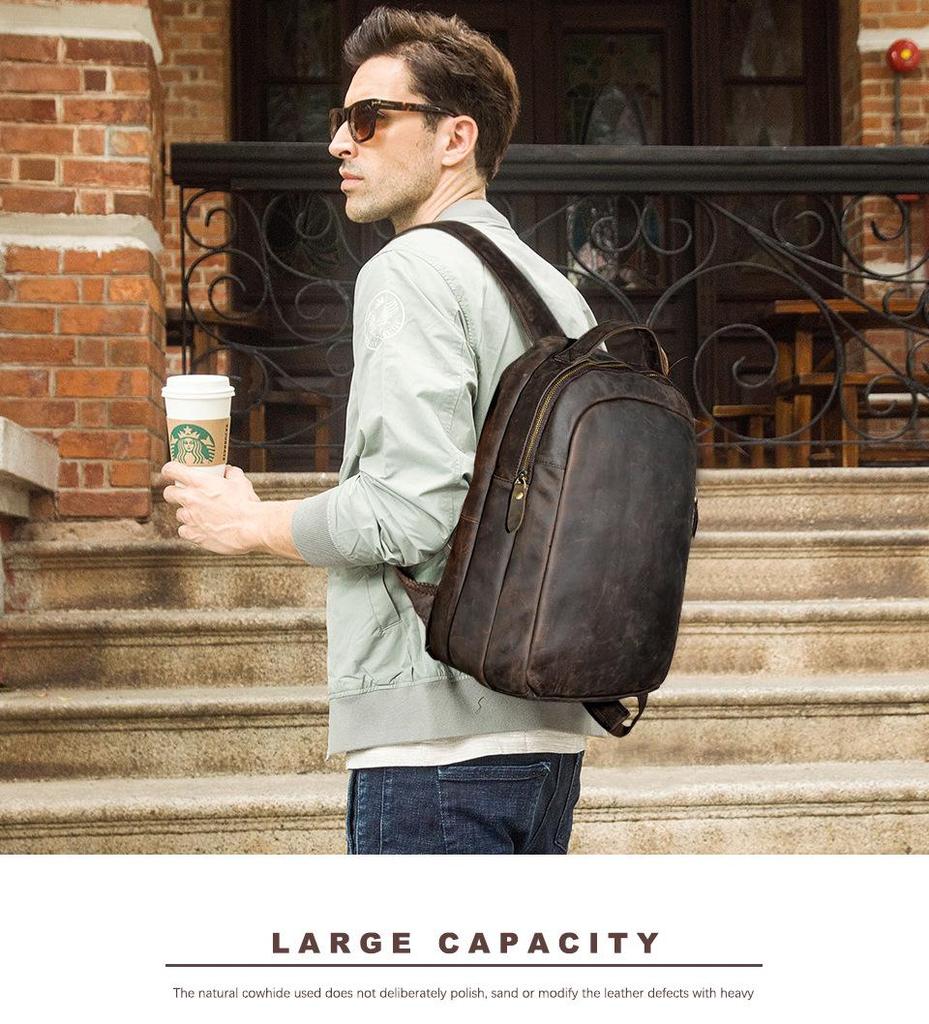 Crazy Horse Leather 14-Inch Retro Men's Backpack Laptop Bag