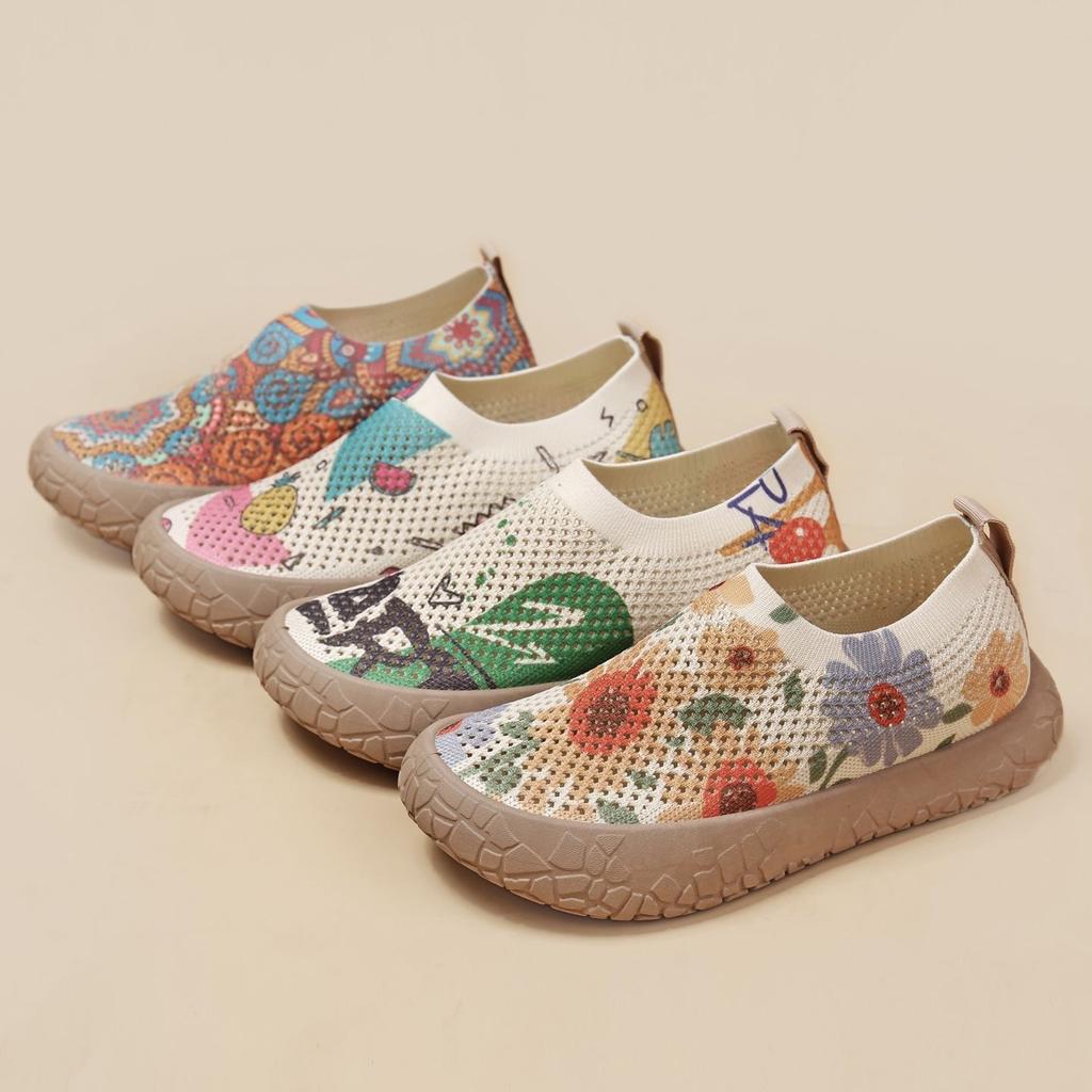 New Breathable Fly-Woven Painted Women'S Shoes Are Light, Comfortable, Non-Slip And Wear-Resistant, One-Pedal Printed Women'S Shoes, Daily Leisure