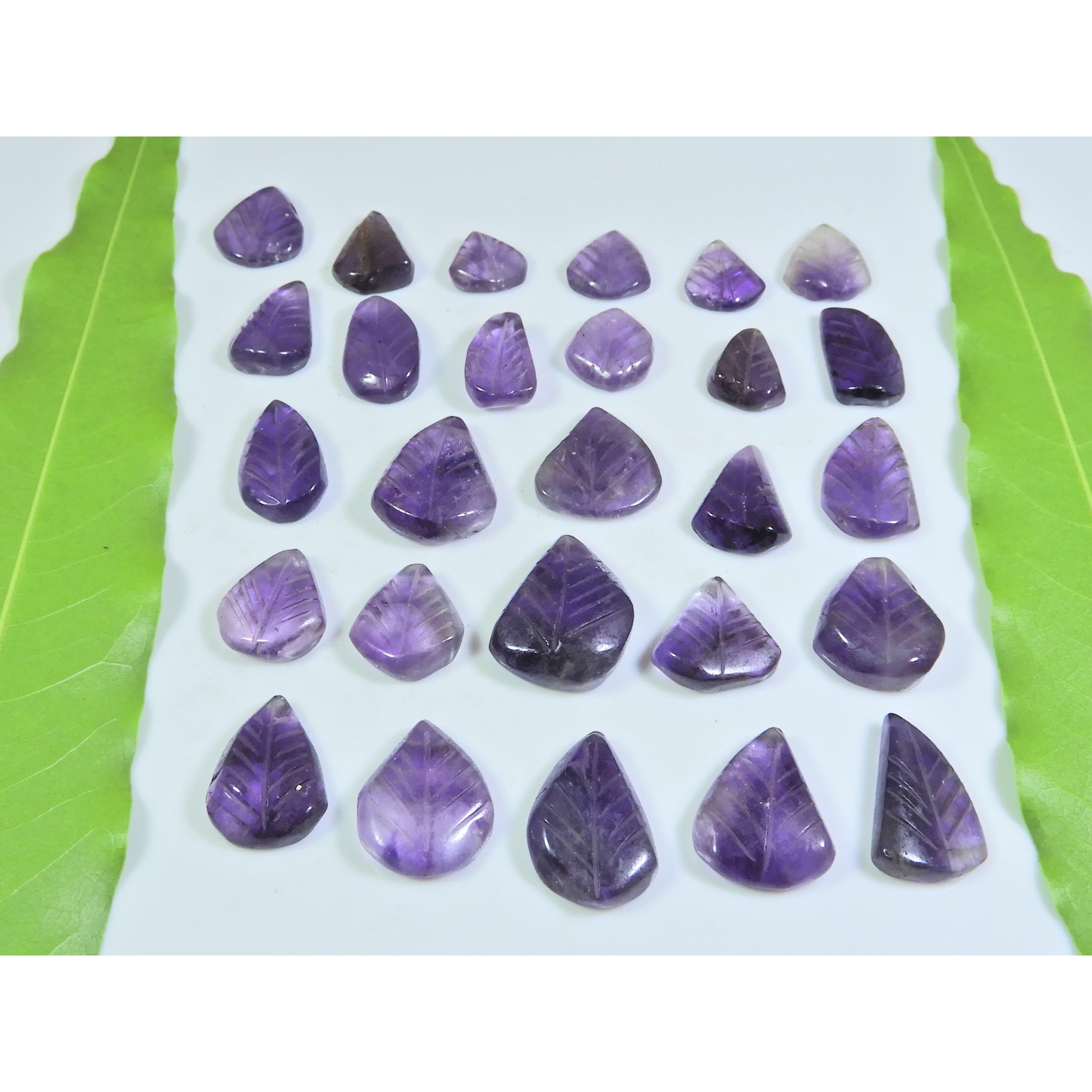

152Cts. Natural Amethyst Leaf Carving Pear Cabochon Loose Gemstone 27Pcs Lot A-540