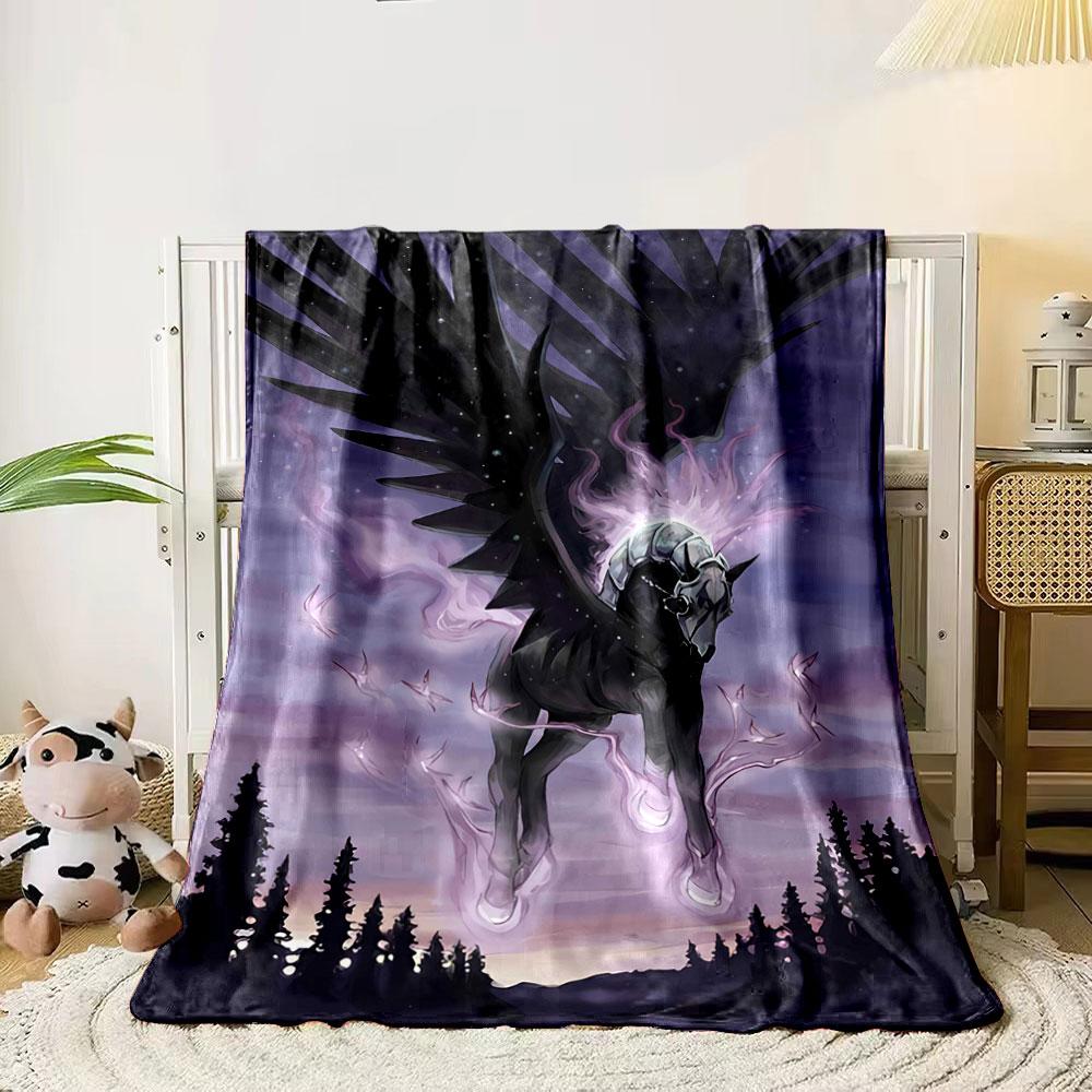A winged, armored horse with glowing purple energy over a twilight forest. for all seasons blanket lunch break throw gift 80cm x 120cm