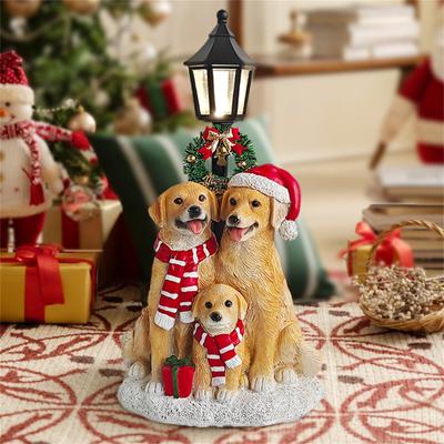 Perro Navideño con Luz Lindo Perro Artesanías de Resina Decoraciones Navideñas Luz de Ambiente, Iluminación de Mesa (sin batería)