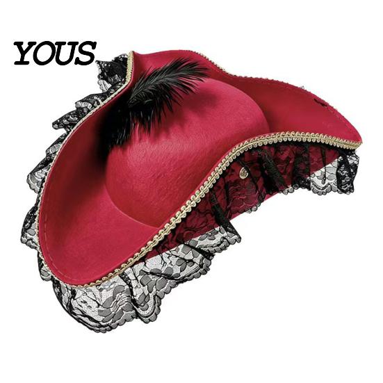 Captain Hat Halloween Pirate Hat, Costume Accessory, with Burgundy Lace Prop And Feathered Decor, Lightweight Vintage Style Buccaneer Cap Comfortable