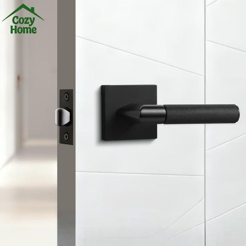Modern Entry Door Lock Handle Set Zinc Alloy Room Interior Knurled Door Lock Levers Matte Black Bedroom Door Handle