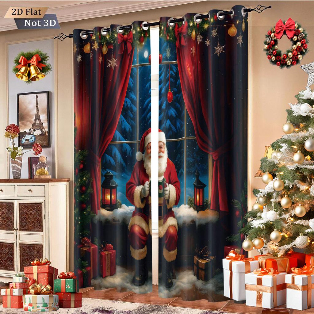 2pcs Merry Christmas   Santa Claus print   perforated blackout curtains   multi size living room insulation   holiday decoration