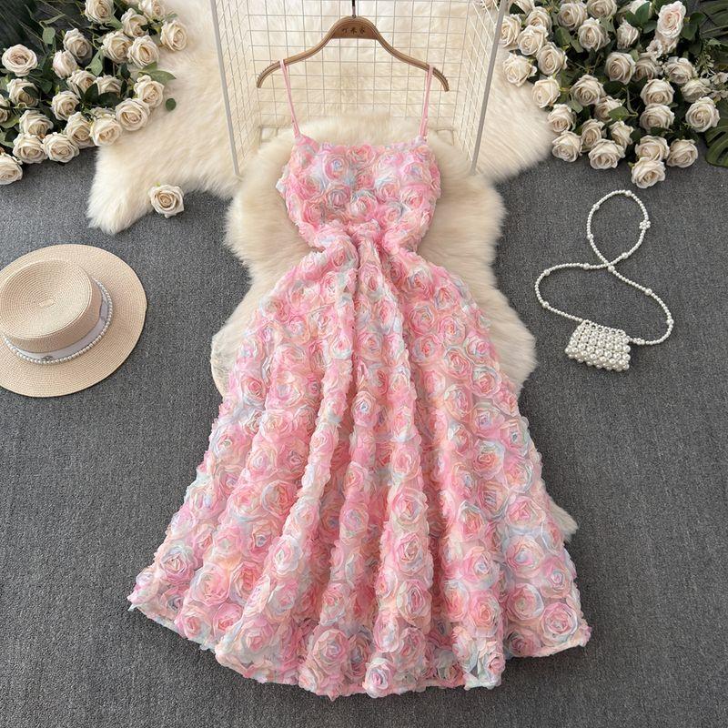 

Летнее Новое Поступление Трехмерные Цветы из Сетки Платье Стильное Тяжелая Промышленность Облегающее Талию Стройнящее Банкетное Розовое Формальное Платье Pink L