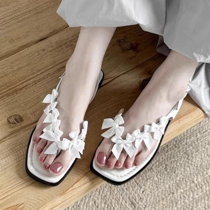 Fashion New Sweet Fashion Women Clip-toe Sandals Summer Non-slip Ladies Flat Shoes Black White Women's Causal Bowknot Slippers Elegant