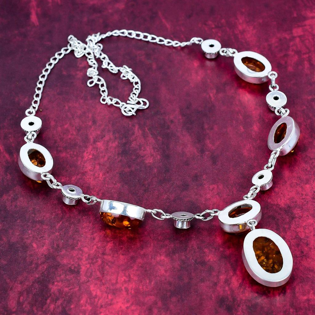 Baltic Amber & Citrine Necklace Gemstone Jewelry, 925 Solid Sterling Silver Adjustable Chain Necklace, Gift For Women Handmade Necklace