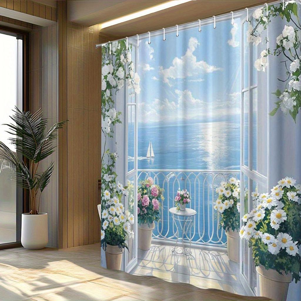 Coastal Sea View Shower Curtain Polyester Machine Washable With 12 Hooks For Bathroom Decor