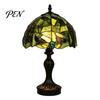 Decorative Lighting for Bar Retro Green Stained Glass Desk Lamp, Hand-Carved Resin Base Vintage Tiffany Style Lamp Table Light Bedroom Study Room And