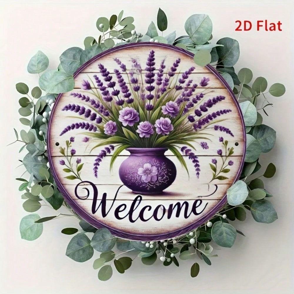 Vintage Metal Wall Art Lavender Print, Round Tin Sign 8x8 Inch for Bedroom Home Decor