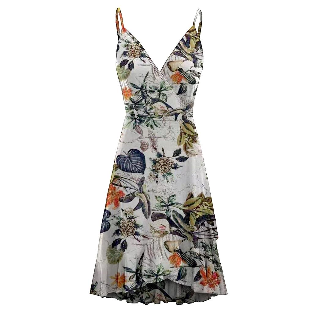 Ladies Slim Printed  Buckle Shoulder Strap Ruffled Sling Dress