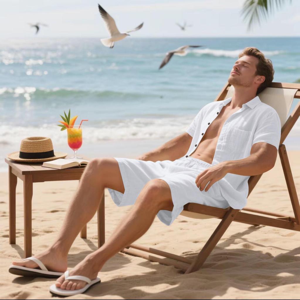 Men's Summer Linen Short-Sleeve Shirt & Shorts Set - Casual Loose Fit, Cotton-Linen Fabric.