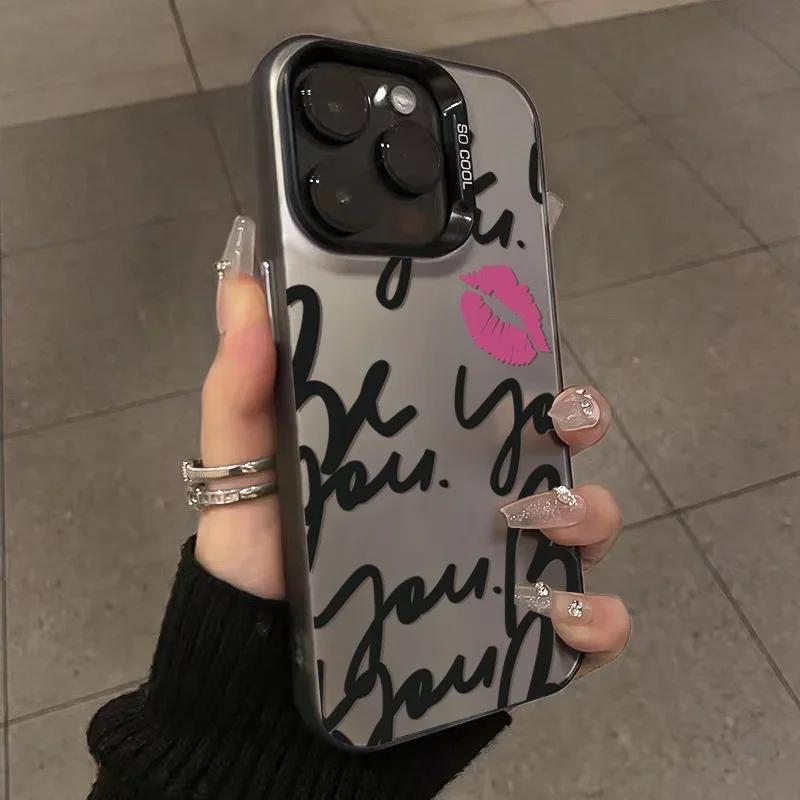 English Letter Lips Label Phone Case For iPhone 16 15 Pro Max 14 13 12 11 Pro XR XS 7 8 16 Plus SE2 Shockproof Cover