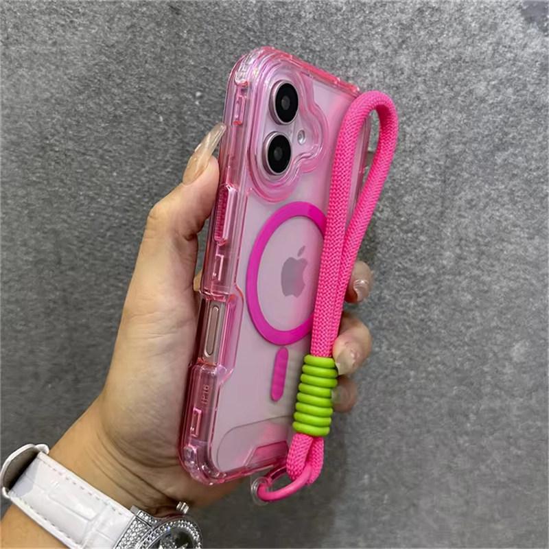 

Роскошный прозрачный чехол для телефона Magsafe с ремешком для iPhone 14 11 12 13 15 16 Pro Max, противоударный защитный ремешок на запястье, задняя крышка iPhone 14 розовый