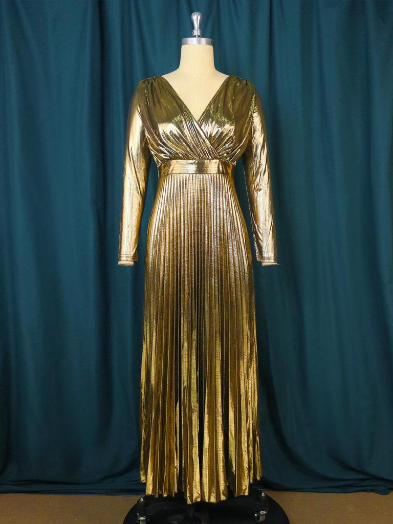 Gouden Geplooide V-hals Plus Size Elegante Banketjurk met Geknepen Taille en Lange Mouwen