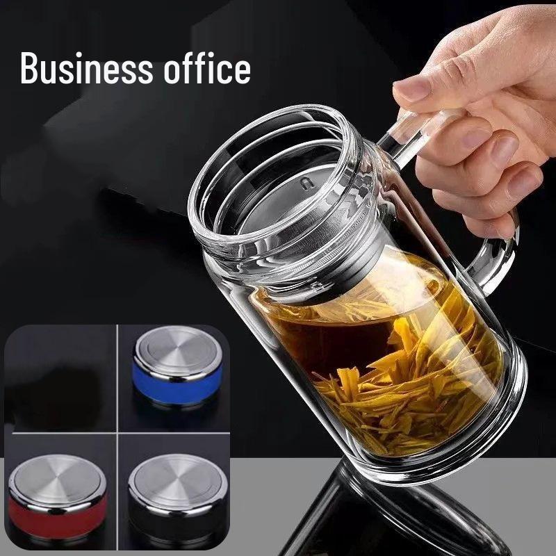 Double-Layer Glass Tea Cup with Custom Logo and Screw Cap
