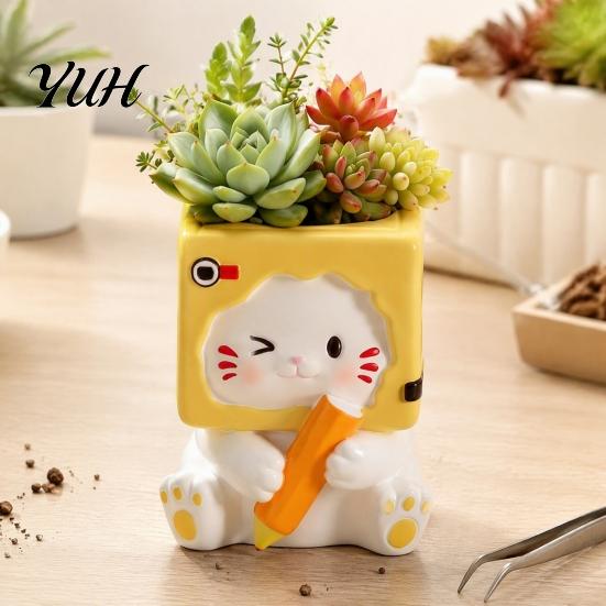 Cat Resin Flowerpot Holding Pen Planter Pot, Shaped Flowerpot, Office Desk Succulents Plants Container for Home Balcony Plant